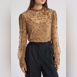 Farm Rio Embroidered Tulle Lined Blouse in Caramel